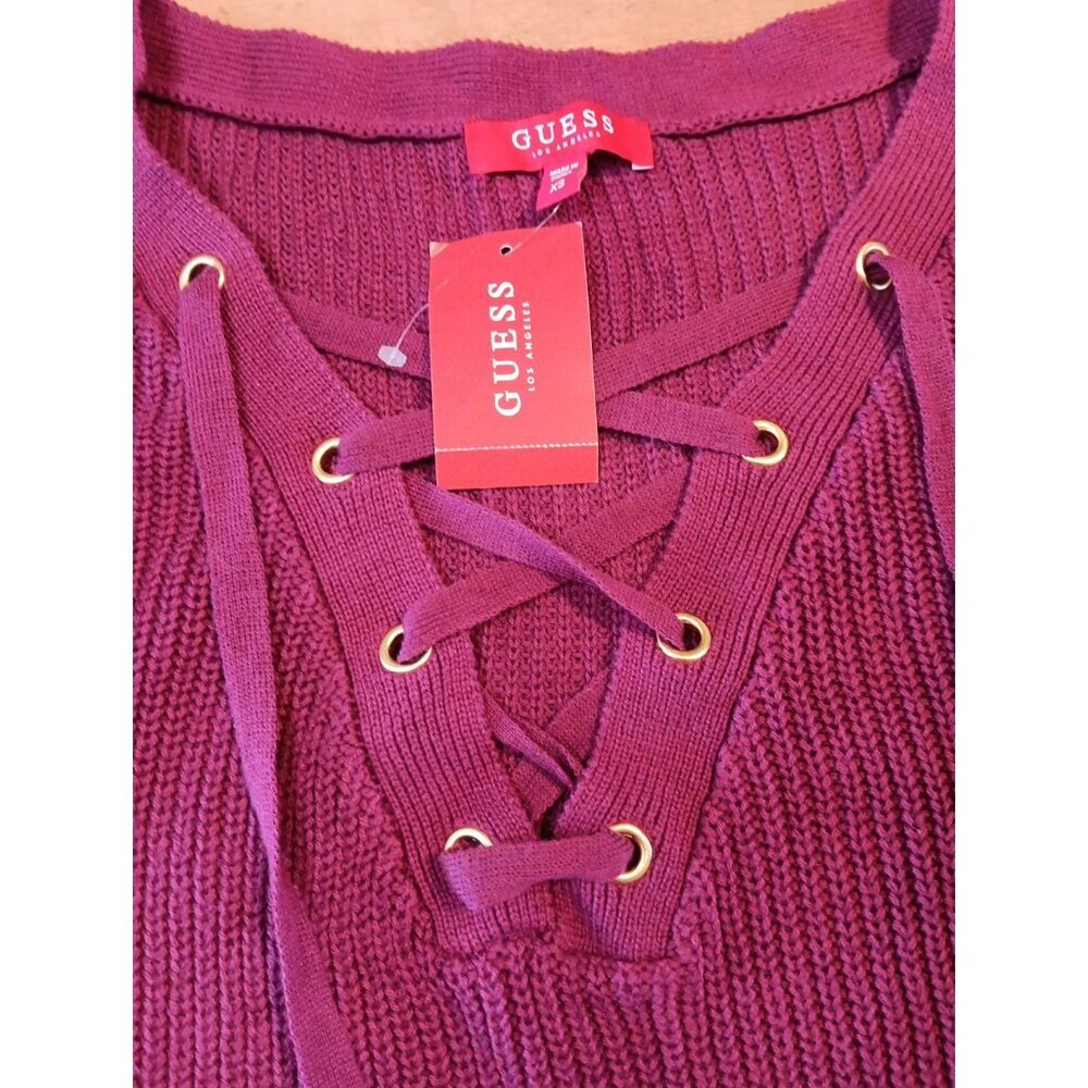 Guess Los Angeles Womens XS Khloe Sweater Raspberry Lace Up V Long Sleeve NWT - Picture 2 of 6